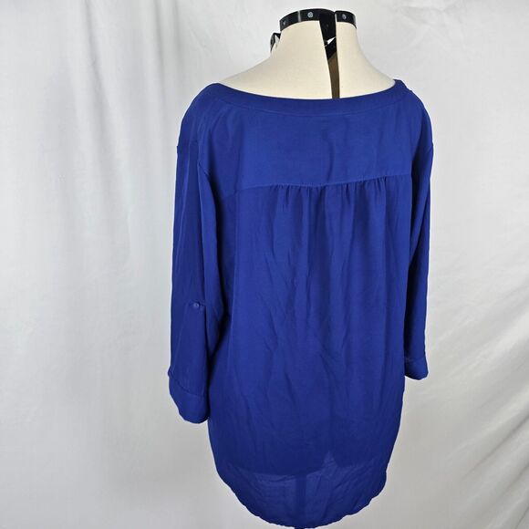 Torrid Blouse Women's 2X Blue V-Neck 1/4 Button Up Long Roll Tab Sleeves Ruffle - Picture 11 of 15